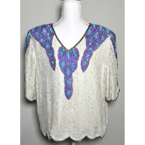 Vtg 80s White Silk Beaded Sequin Top Purple Teal Disco Glam Party XL Glittercore